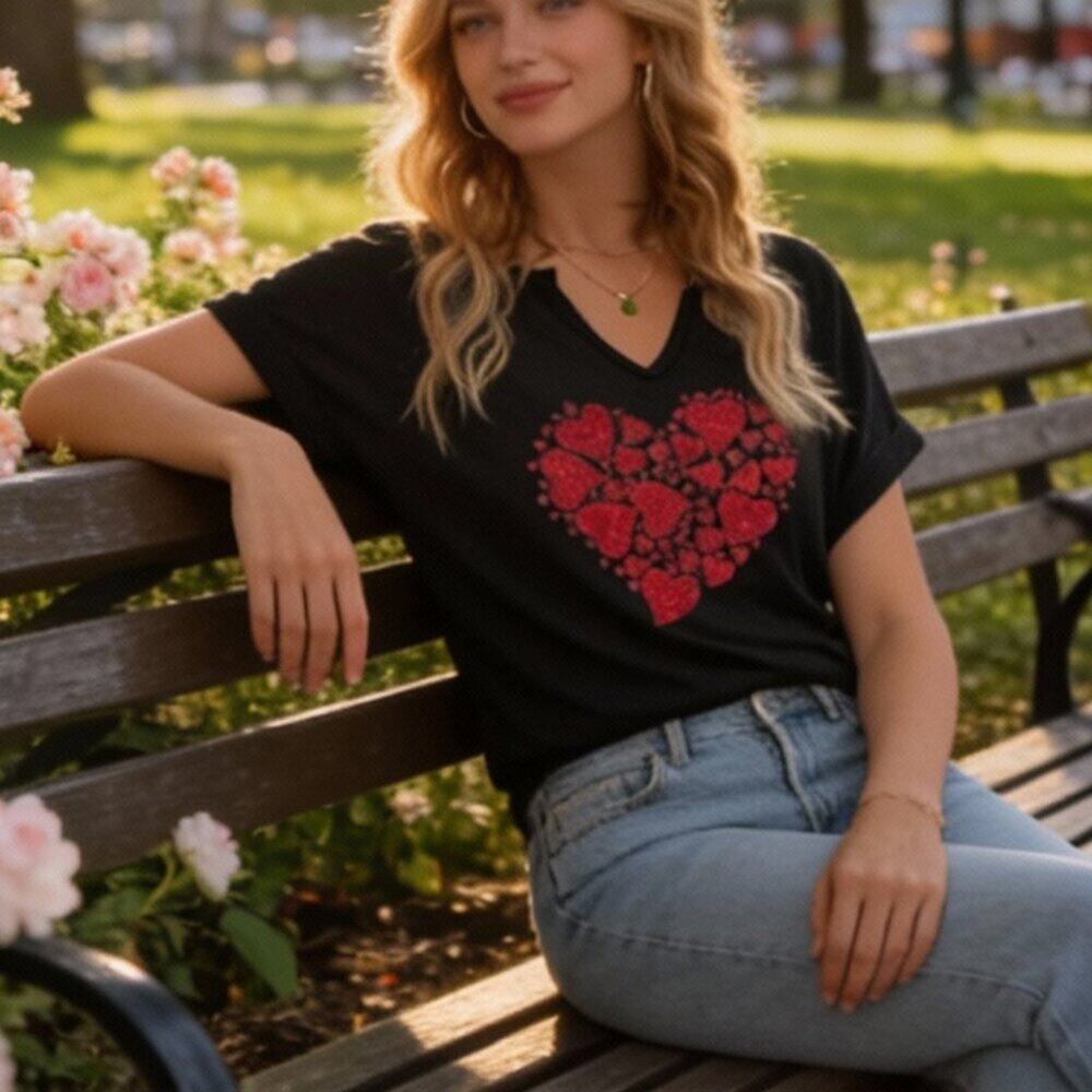 Women's Lover Heart Graphic V Neck Shirt Valentines Funny Couple - Picture 4 of 7